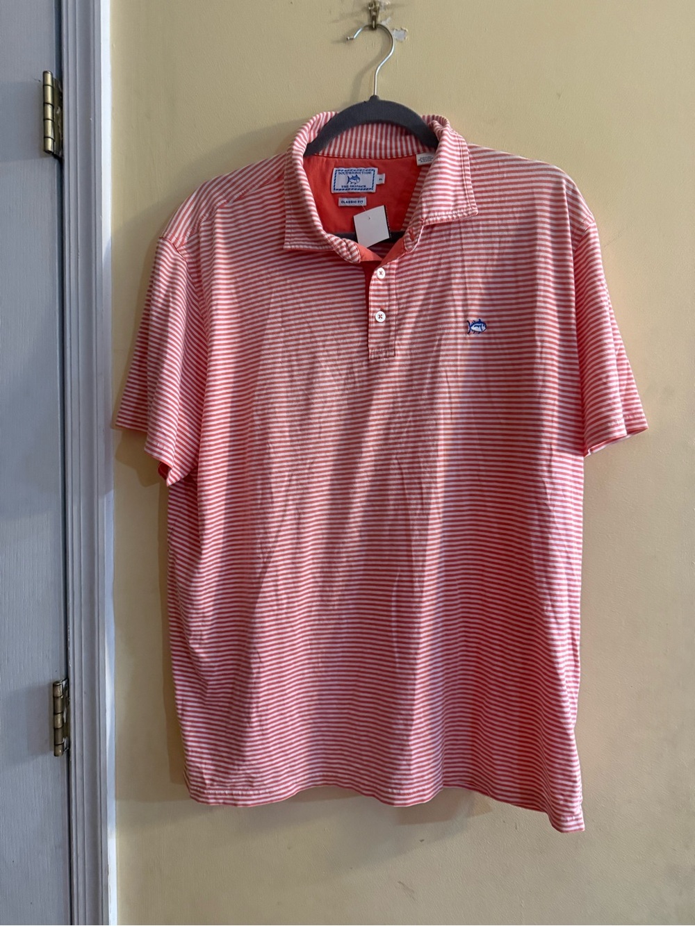 Southern Tide The Skipjack Men's Striped Polo Shirt in Coral Pink, large